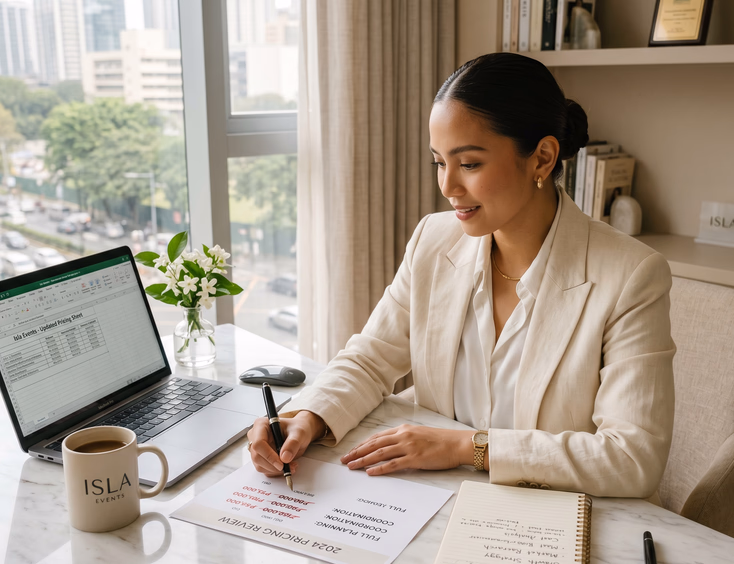 Filipino wedding planner finalizing her new pricing structure at a desk in her Makati office.