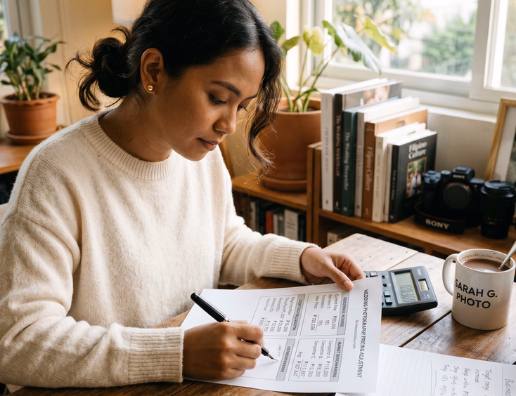Filipino wedding photographer calculating a price increase on a worksheet in her Quezon City studio.