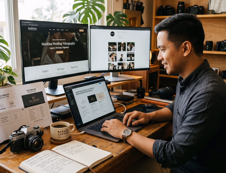 Filipino wedding videographer updating marketing materials on a laptop in his Marikina studio.