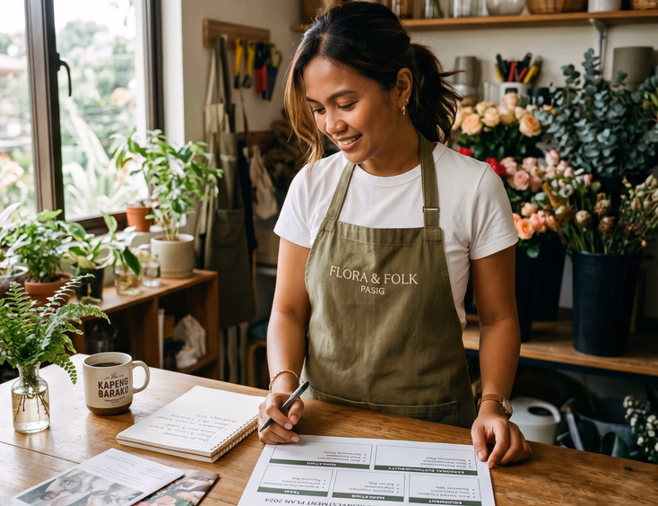 Filipino wedding florist planning business reinvestment and growth in her Pasig studio.