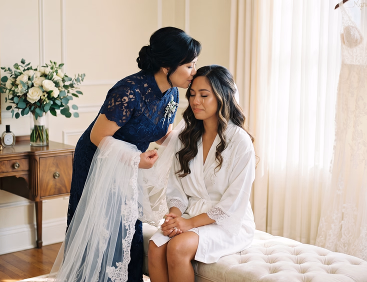 Filipino bride in a white silk robe receiving a forehead kiss from her mother inside a sunlit bridal suite.