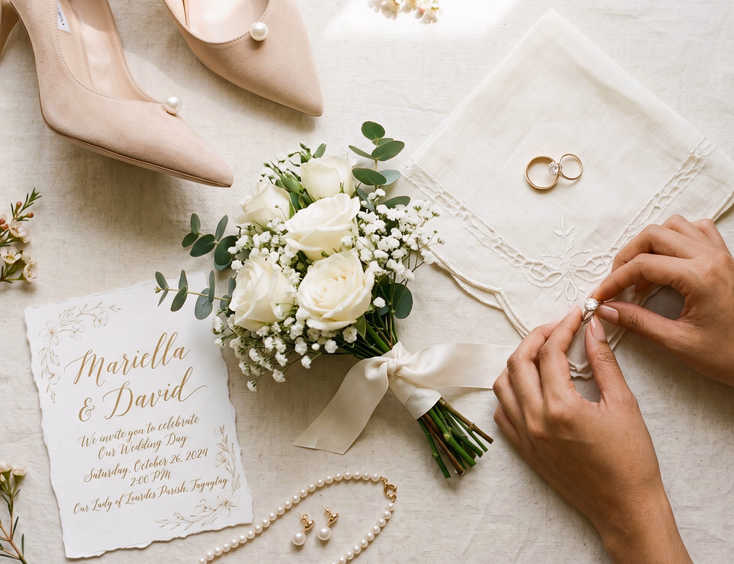 Flat-lay overhead shot of Filipino wedding day details including rings, bridal shoes, and an invitation.