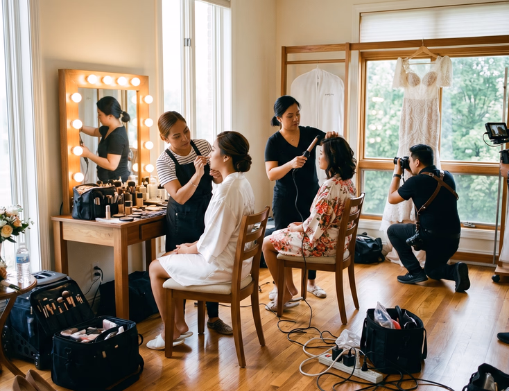 Wide shot of a busy Filipino bridal preparation suite with a makeup artist, hairstylist, and photographer at work.