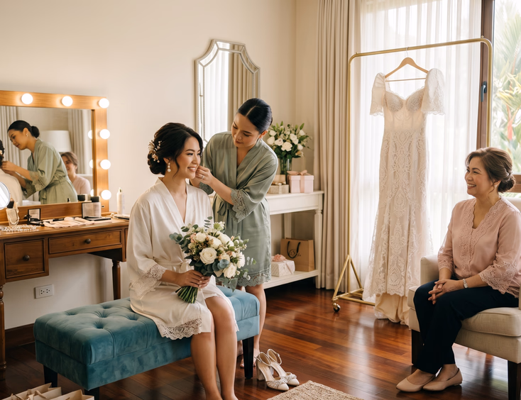 Filipino bride in a white robe with her maid of honor and mother inside a calm bridal preparation suite.