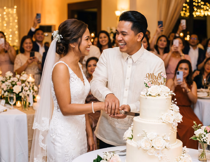 Filipino bride and groom cutting their three-tiered white buttercream rose wedding cake together at a reception, smiling at each other with guests and bokeh fairy lights in the background