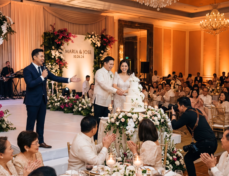 Wide shot of a Filipino wedding reception cake cutting moment with an emcee, photographer, and seated guests watching the couple at an elegant chandelier ballroom venue