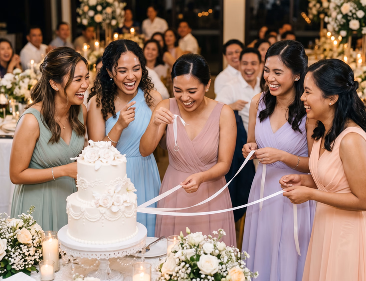 Five Filipino bridesmaids in pastel dresses pulling satin ribbons from beneath a two-tiered white wedding cake during a ribbon pull tradition at a Filipino wedding reception