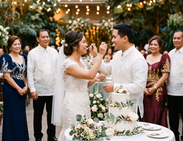 Filipino bride and groom feeding each other wedding cake beside their families, with parents in barong tagalog and Filipiniana gowns watching proudly at an indoor garden venue