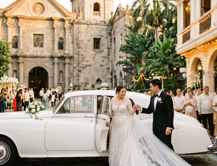Filipino bride and groom stepping out of a vintage white bridal car between a Spanish-era Catholic church and a glowing reception venue on a cobblestone Manila street at golden hour