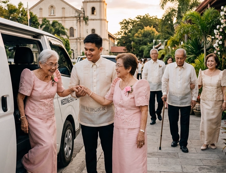 Filipino groom in barong tagalog helping his elderly lola in a pink terno out of a shuttle van as elderly relatives in formal attire walk warmly toward a wedding reception venue entrance