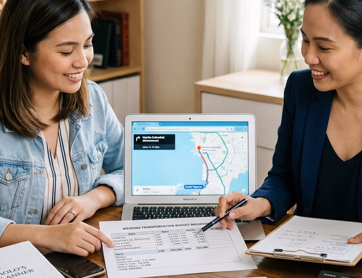 Filipino bride and wedding coordinator reviewing a transportation budget spreadsheet and a Waze map route from a Manila church to a Tagaytay venue on a laptop at a planning table