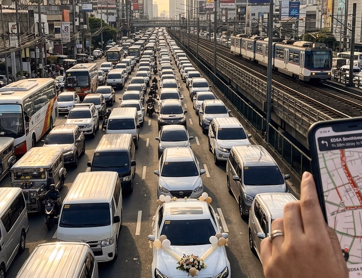 Aerial view of heavy Saturday EDSA traffic with a white bridal car among vehicles while a wedding coordinator checks a Waze map showing red traffic lines in the foreground