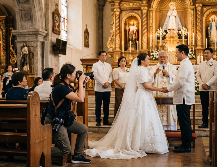 Filipino wedding photographer crouching to capture a bride and groom at the altar during a Catholic church ceremony in the Philippines