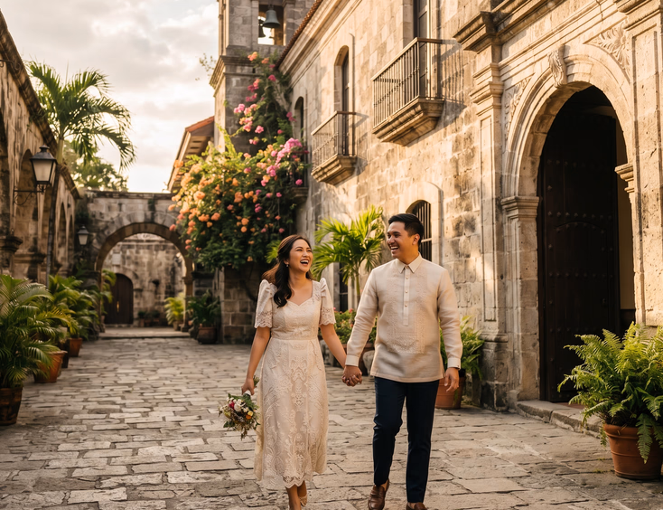 Filipino couple laughing and walking together during a prenuptial photo shoot at a historic Spanish-colonial building in the Philippines