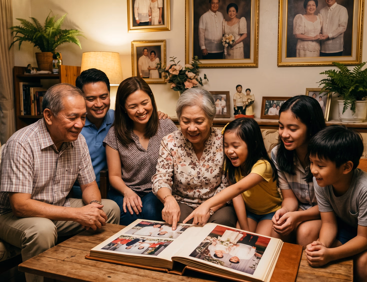 Multigenerational Filipino family gathered in a living room looking through a wedding photo album together with framed wedding portraits on the wall