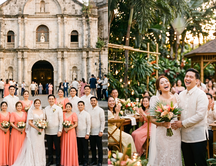 Split image comparing a formal Filipino wedding couple pose in front of a church and a candid outdoor garden reception moment