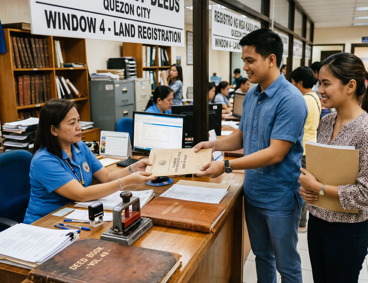 A young Filipino couple stands at a Registry of Deeds counter in a government office, handing documents with official stamps to a clerk.