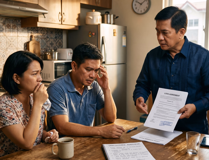 A worried Filipino couple faces a stern creditor holding documents at their kitchen table, while an unregistered agreement sits set aside.