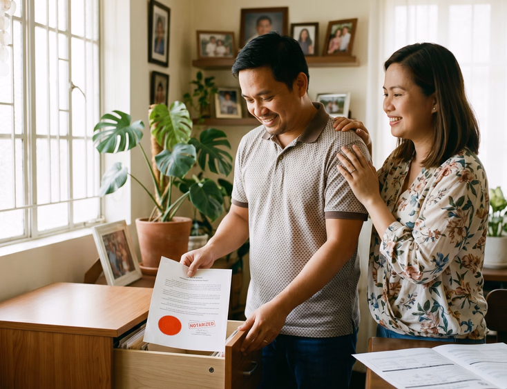 A satisfied Filipino couple files a notarized document into a drawer at home, unaware that the process is not actually finished yet.
