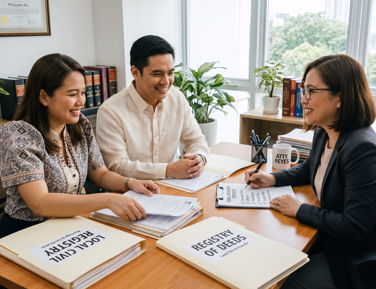 A Filipino couple and their lawyer methodically organize documents into two labeled folders for the Local Civil Registry and Registry of Deeds.