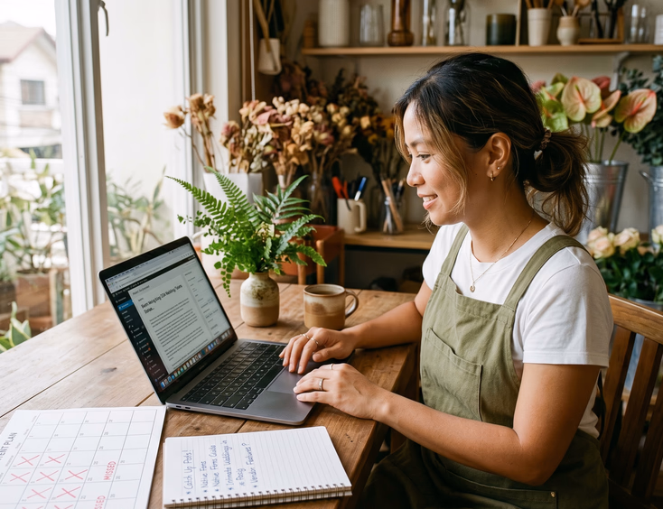 Filipino wedding florist publishing a blog post update on her laptop in a Pasig studio.