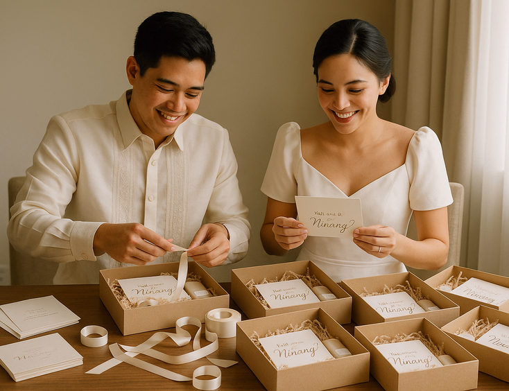 Young Filipino couple assembling ninang proposal boxes on a table with stationery keepsakes and a handwritten note