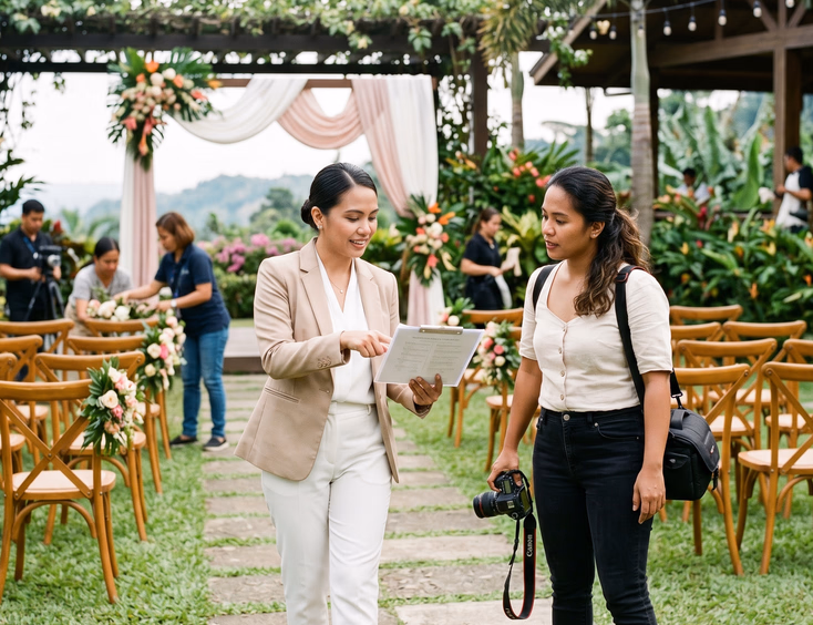 Filipino wedding photographer listening to a coordinator explain the day's timeline at a Tagaytay garden venue.