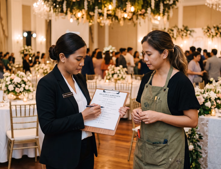 Filipino wedding florist reviewing reception timeline details with a coordinator at a Manila ballroom.