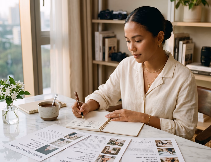 Filipino wedding photographer evaluating wedding planner partnerships at her desk in a Makati office.