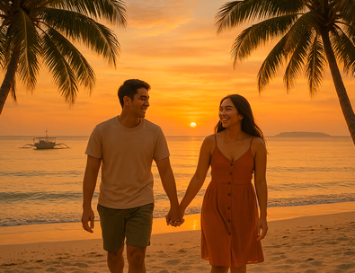 Young Filipino couple walking a quiet Panglao shoreline at sunset with palms Balicasag on the horizon and gentle turquoise water