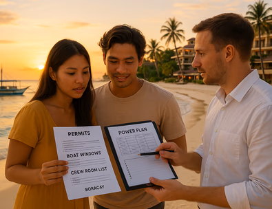 Young Filipino couple on a Boracay shoreline reviewing permits boat schedules and a power plan at sunset with resort staff