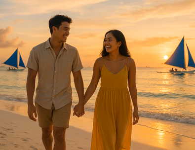 Young Filipino couple walking White Beach at golden hour with paraw sails in the distance powder sand and a calm sea