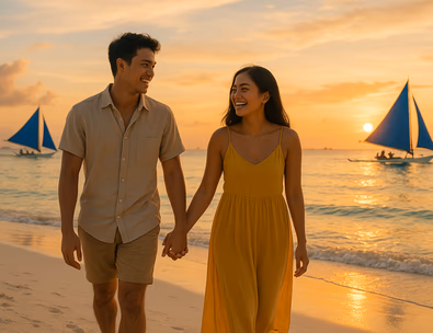 Young Filipino couple walking White Beach at golden hour with paraw sails in the distance powder sand and a calm sea