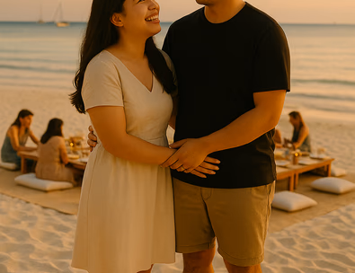 Young Filipino couple walking barefoot on Boracay sand at sunset with string lights and a low platform reception set on the shore