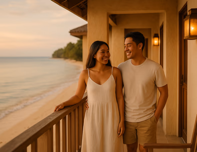 Young Filipino couple on a cozy beachfront balcony at sunset with a simple boutique inn behind and calm water ahead