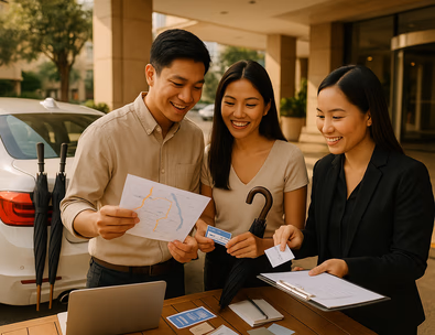 Young Filipino couple reviewing a shuttle map and parking plan with a planner beside a bridal car at a hotel driveway