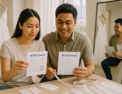 Young Filipino couple browsing gowns in a boutique while holding fabric swatches and a measuring tape