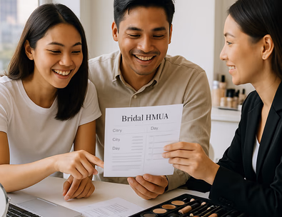 Young Filipino couple consulting with a makeup artist while reviewing a rate card and timeline in a bright studio