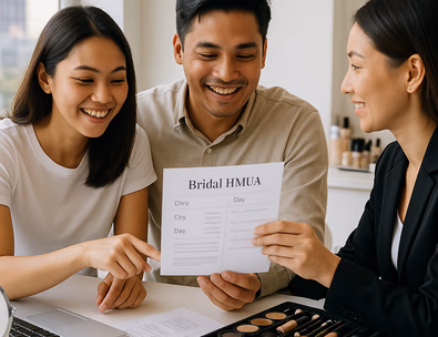 Young Filipino couple consulting with a makeup artist while reviewing a rate card and timeline in a bright studio