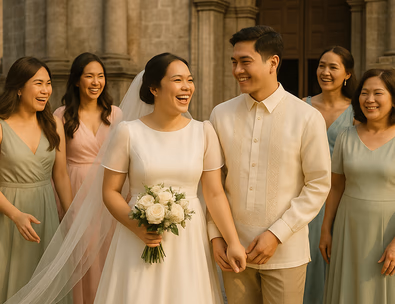 Young Filipino couple with bridesmaids and mothers outside a church coordinated dresses in airy fabrics warm light and happy faces
