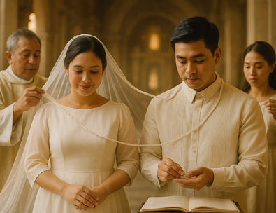 Young Filipino couple at the altar during the veil and cord rite soft lace veil drapes neatly cord rests on shoulders coins ready for the blessing