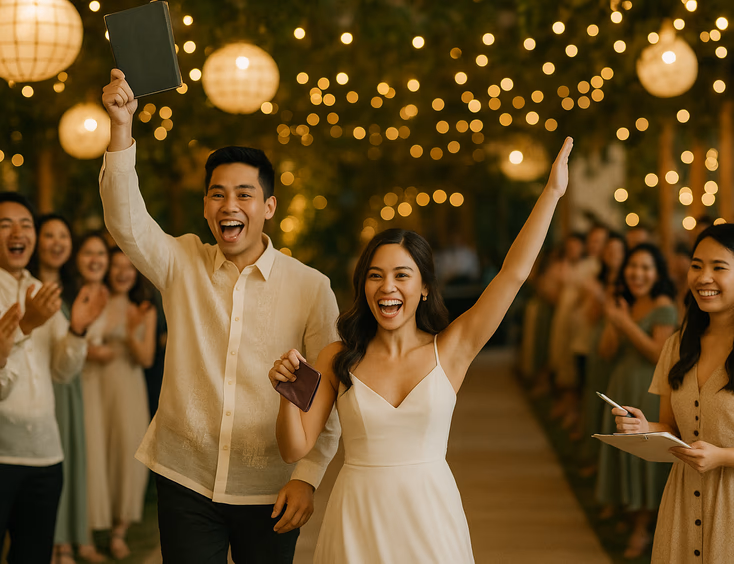 Young Filipino couple leading a lively Bring Me game as guests cheer in a warmly lit reception