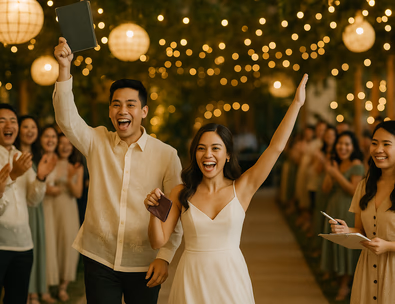 Young Filipino couple leading a lively Bring Me game as guests cheer in a warmly lit reception