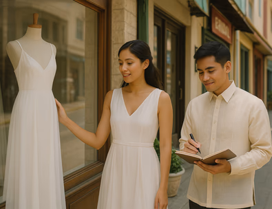 Young Filipino couple window shopping at a Manila bridal street bride admiring a simple chiffon gown groom in barong noting prices relaxed daylight