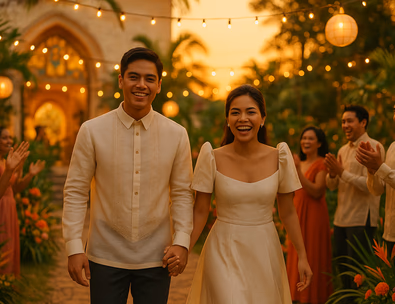 Young Filipino couple leaving a church and entering a garden reception at golden hour guests cheering tropical décor blending sacred and celebratory moods
