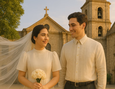 Young Filipino couple outside a Catholic church bride in a modest modern terno with soft butterfly sleeves groom in a barong gentle afternoon light