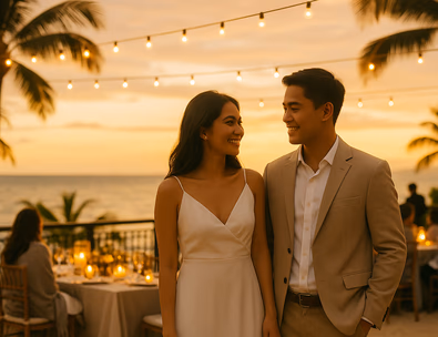 Young Filipino couple on a seaside veranda at golden hour with palm shadows and candlelit tables