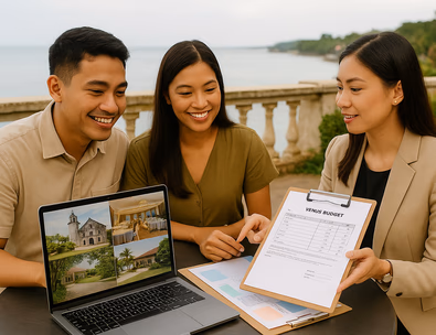 Young Filipino couple touring Cebu venues from heritage church to resort ballroom while reviewing a budget sheet with a planner