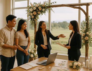 Young Filipino couple reviewing a floral arch and candle clusters with a stylist during a venue walk through