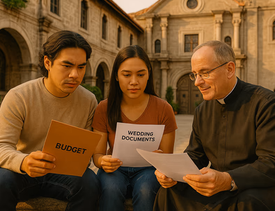 Young Filipino couple meeting a priest at a Manila church courtyard reviewing wedding documents and a budget folder